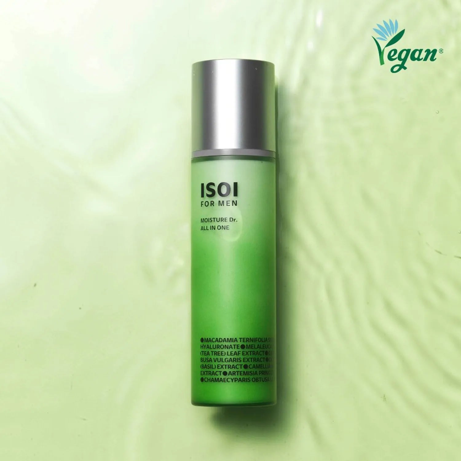 ISOI For Men Moisture Dr. All In One 100ml, flacon vert sur fond vert clair, marque ISOI, contexte produit.
