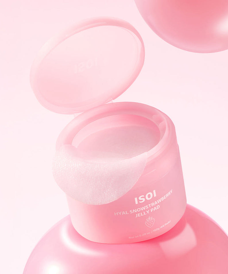 ISOI Hyal Snowflake Strawberry Jelly Pad 60 sheets, marque ISOI : coussin gel rose en boîtier, ambiance pastel.