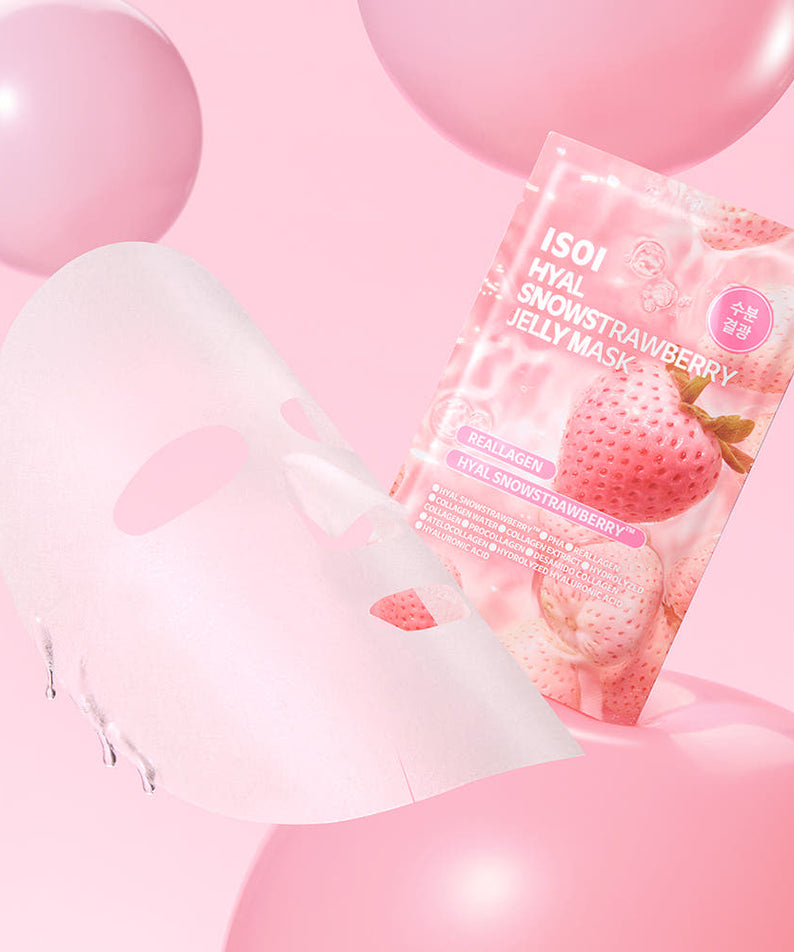 ISOI Hyal Strawberry Jelly Mask 23ml 1 Sheet, masque en feuille au packaging rose, fond pastel avec bulles et fraises