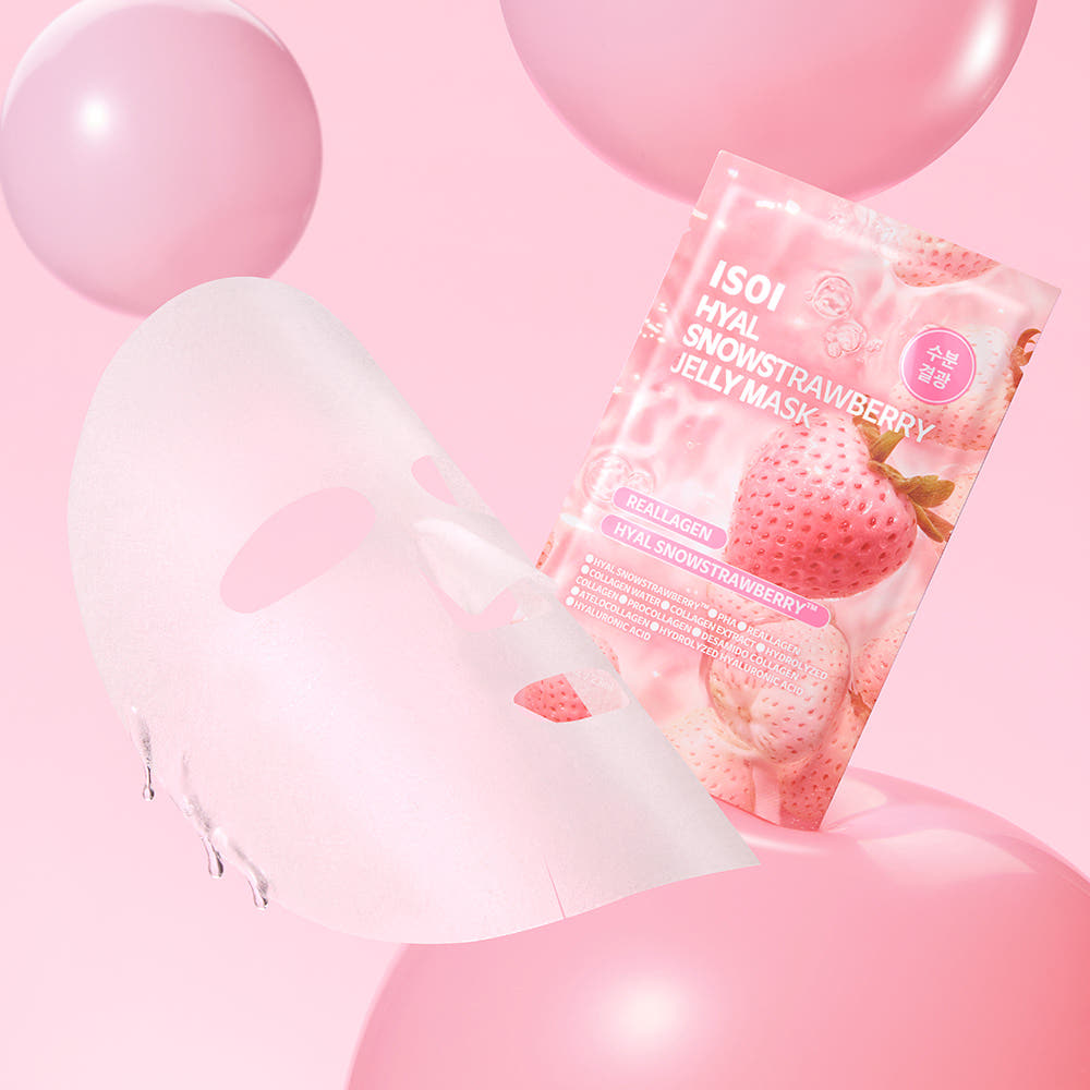 ISOI Hyal Strawberry Jelly Mask 23ml 1 Sheet, masque en feuille au packaging rose, fond pastel avec bulles et fraises