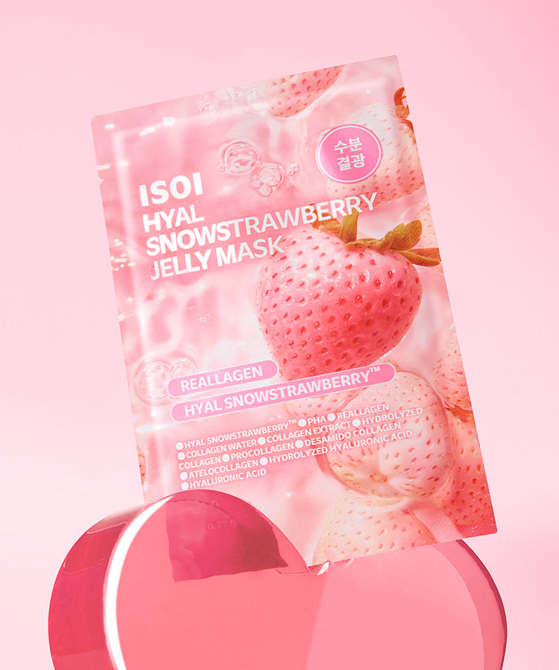 ISOI Hyal Strawberry Jelly Mask 23ml 1 Sheet, masque en feuille marque ISOI sur fond rose, paquet et boîtier.