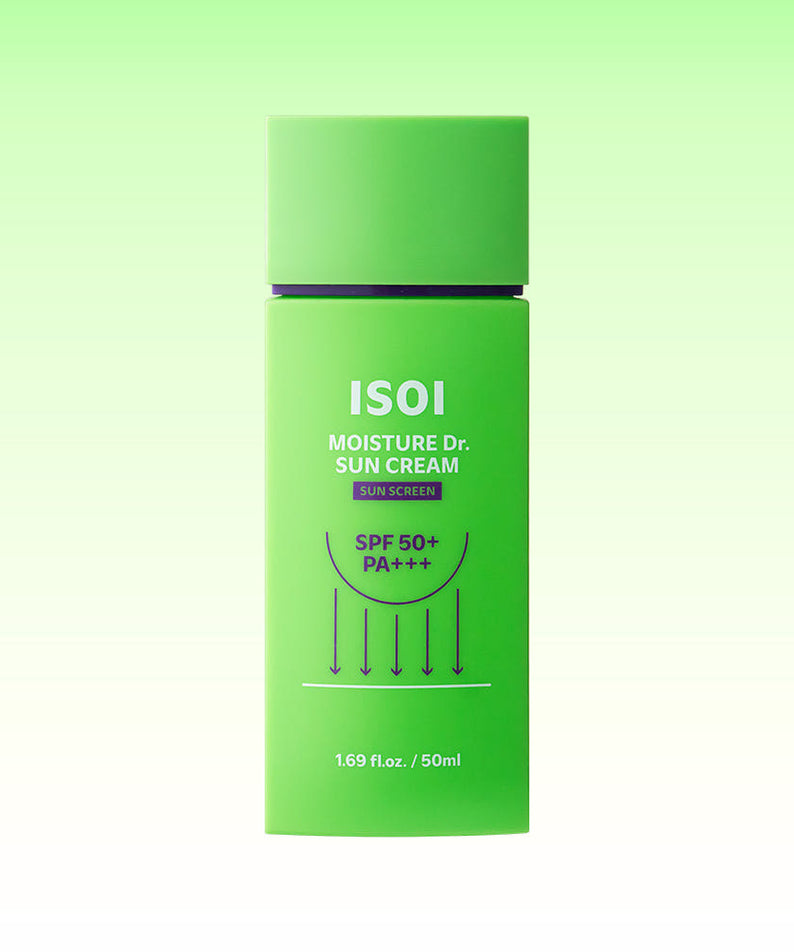 ISOI Moisture Doctor Sun Cream SPF50+PA+++ 50ml, crème solaire verte en flacon sur fond clair, vue produit.