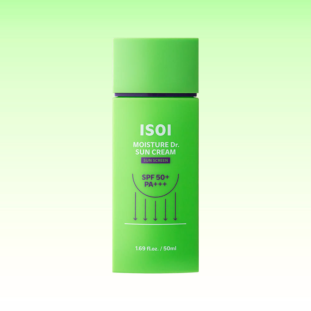 ISOI Moisture Doctor Sun Cream SPF50+PA+++ 50ml, crème solaire verte en flacon sur fond clair, vue produit.
