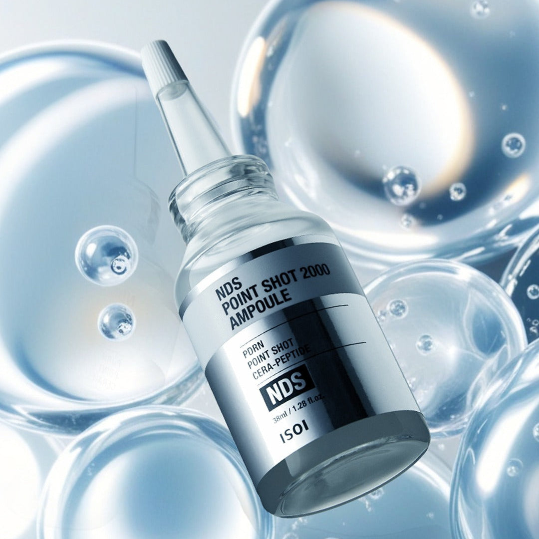 IS0I NDS Point Shot 2000 Ampoule 38ml ISOI flacon cosmétique sous bulles bleues, mise en scène skincare