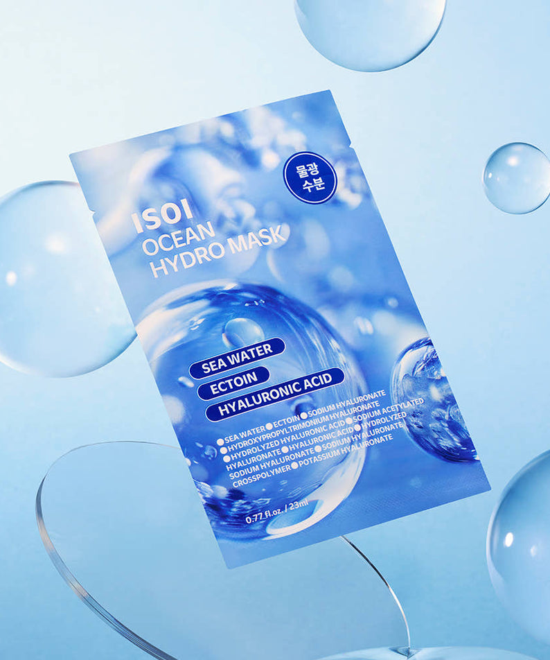 ISOI Ocean Hydro Mask 23ml 1 Sheet, masque hydratant de la marque ISOI, sur fond bleu océan, avec bulles.