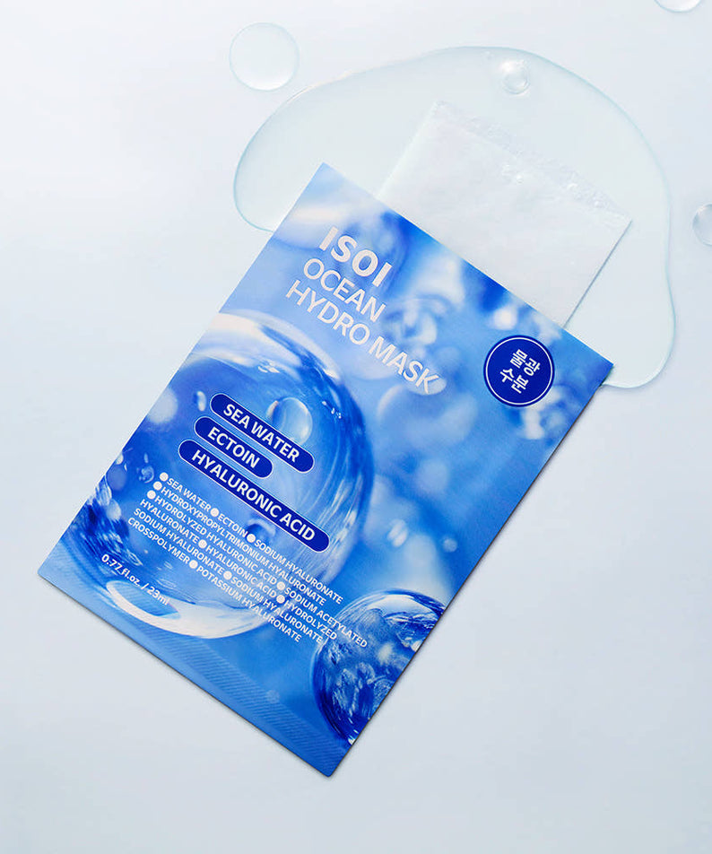 IS OI Ocean Hydro Mask 23ml 1 Sheet de la marque ISOI sur flacon/masque, fond bleu océan, gouttes et bulles.