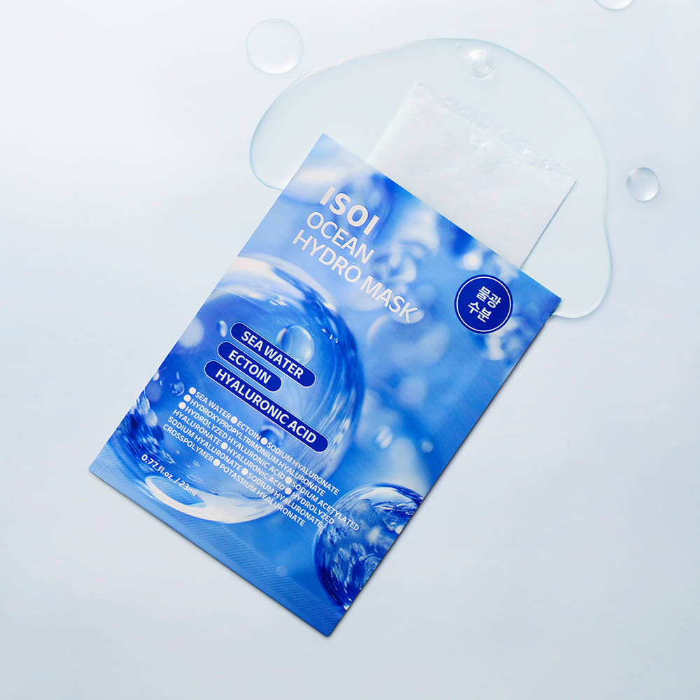 IS OI Ocean Hydro Mask 23ml 1 Sheet de la marque ISOI sur flacon/masque, fond bleu océan, gouttes et bulles.