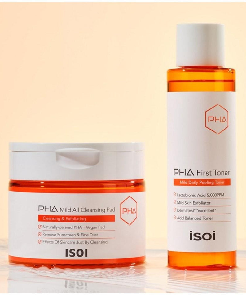 ISOI PHA Mild All Cleansing Pad 60 sheets : boîte et flacon de la marque sur fond clair, visuel beauté.