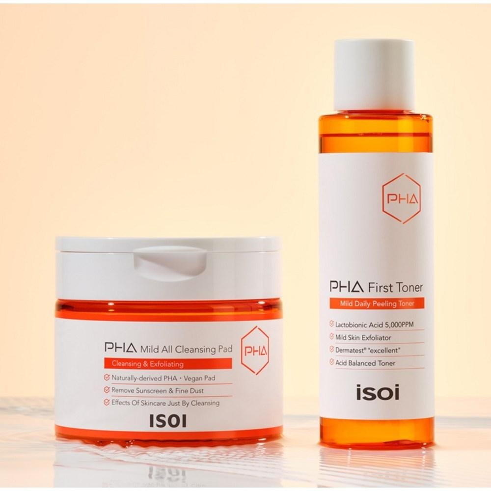 ISOI PHA Mild All Cleansing Pad 60 sheets : boîte et flacon de la marque sur fond clair, visuel beauté.