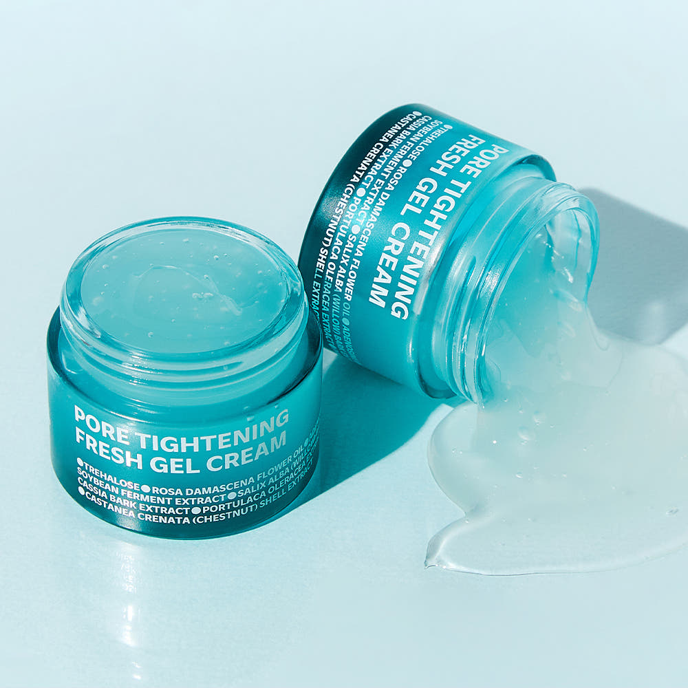 ISOI Pore Tightening Fresh Gel Cream 50ml : pot et flacon sur fond bleu, texture de gel crème fraîche, marque ISOI