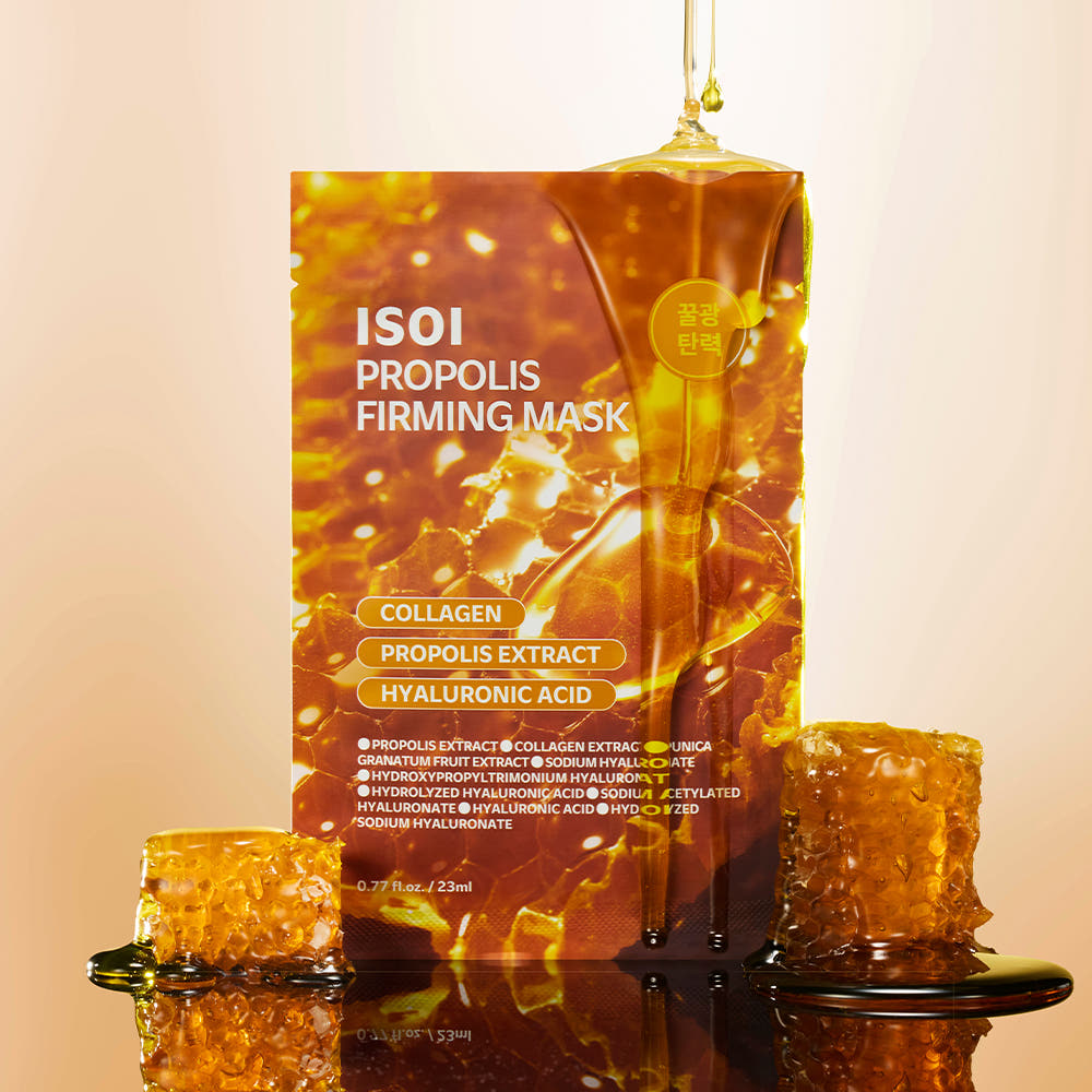 ISOI Propolis Firming Mask 23ml 1 Sheet : masque visage raffermissant à la propolis, marque ISOI, packaging doré en contexte visuel.