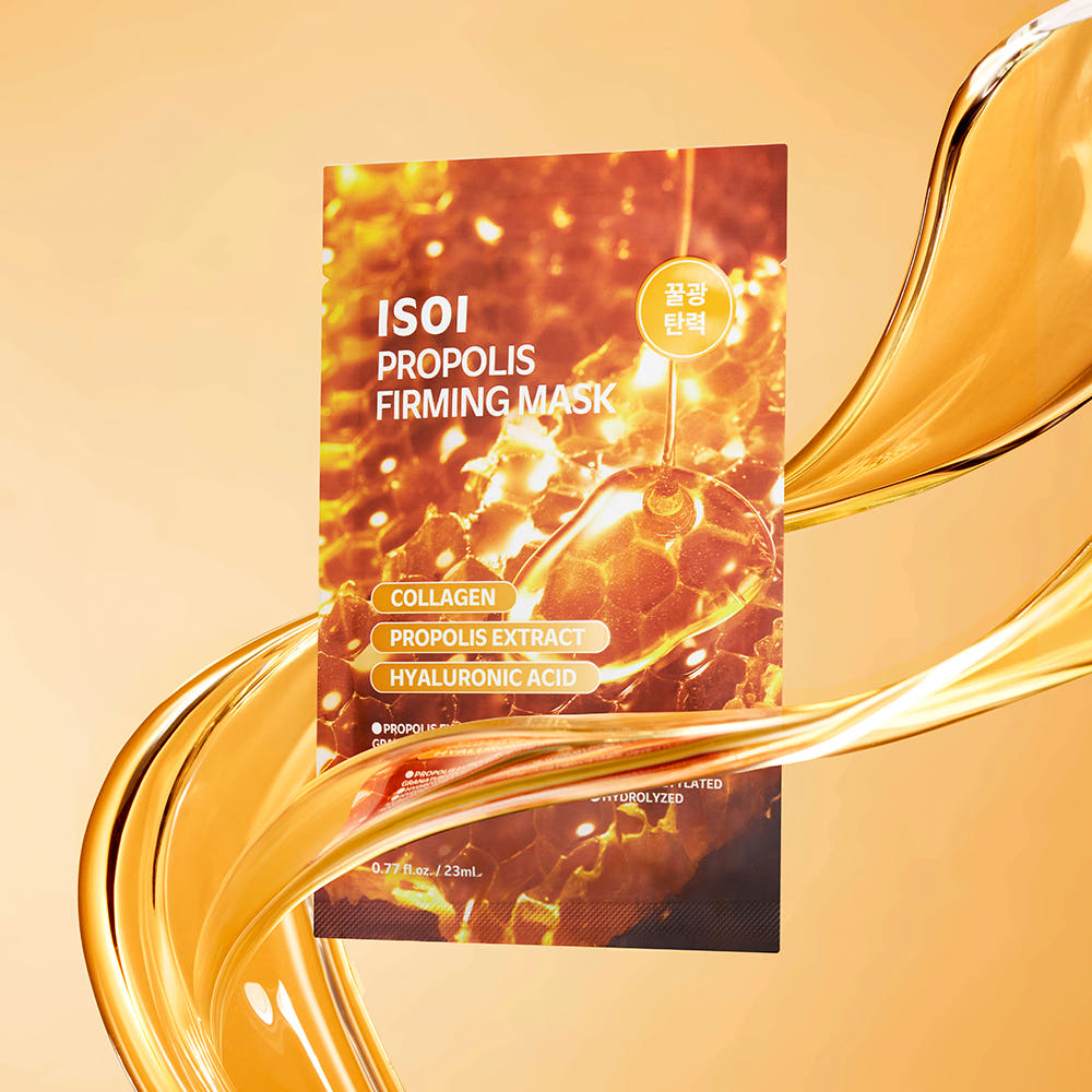 Décris l'image en français : ISOI Propolis Firming Mask 23ml 1 Sheet, masque en feuille, marque ISOI, décor miel doré.