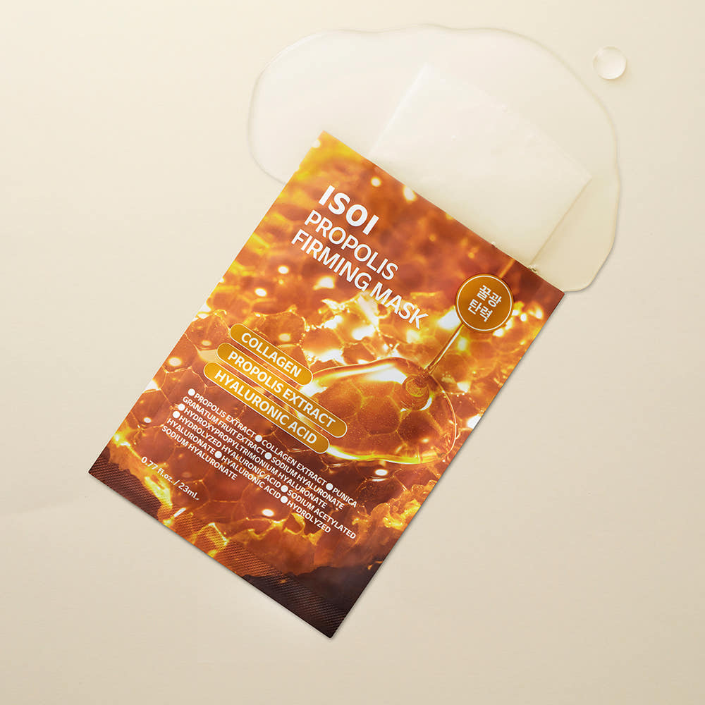 ISOI Propolis Firming Mask 23ml 1 Sheet : masque facial à la propolis ISOI sur fond clair, visuel emballage