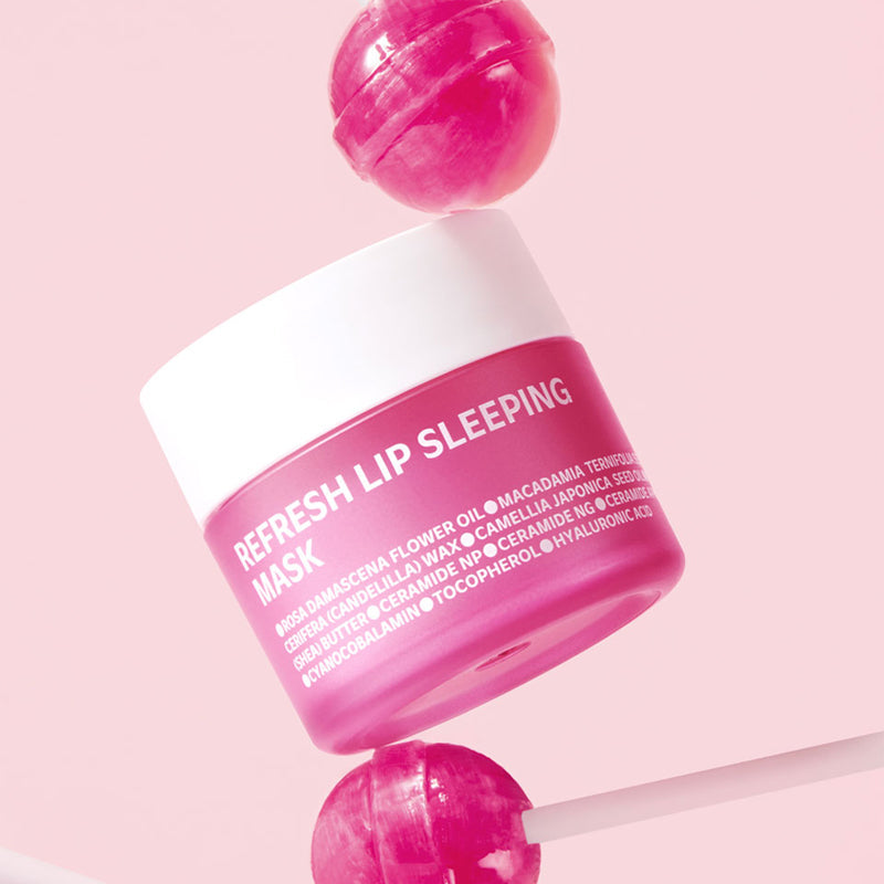 ISOI Refresh Lip Sleeping Mask 25g, masque nuit pour lèvres rose sur fond pastel, pot et applicateur, vue produit.