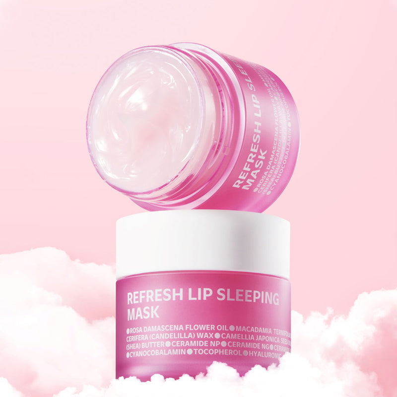 ISÔI Refresh Lip Sleeping Mask 25g de la marque ISOI, pot rose sur fond pastel avec texture de masque pour les lèvres.