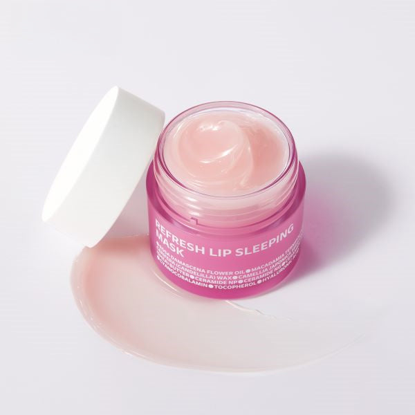 ISOI Refresh Lip Sleeping Mask 25g : pot rose ouvert, texture gel rosée, sur fond blanc, marque ISOI en gros.