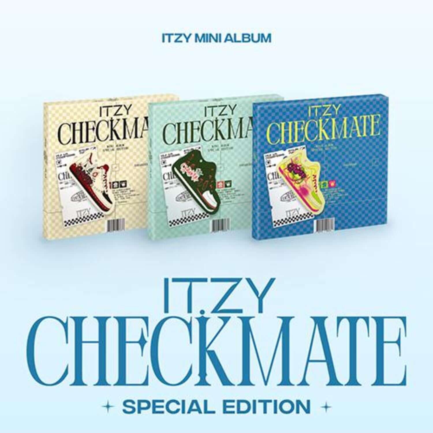 ITZY - [CHECKMATE SPECIAL EDITION] (3 Random 1) - Album Kpop, visuel mini albums ITZY sur fond bleu clair.