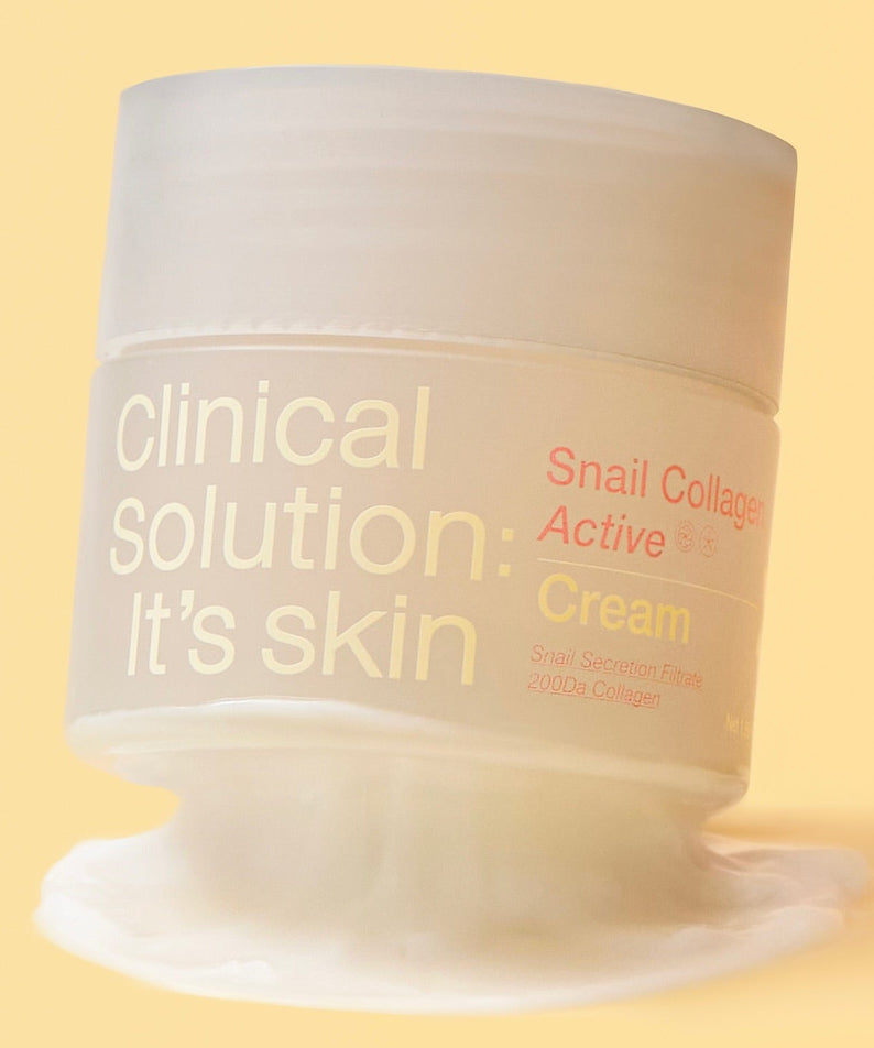 Crème IT'S SKIN Snail Collagen Active 50ml sur fond jaune, hydratant puissant avec extrait d'escargot pour une peau éclatante.
