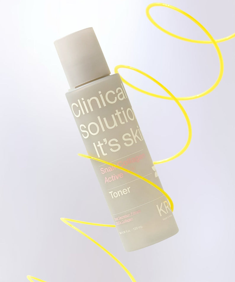 Flacon de toner IT'S SKIN Snail Collagen Active 120ml, avec spirales jaunes, design élégant, soin de la peau efficace.