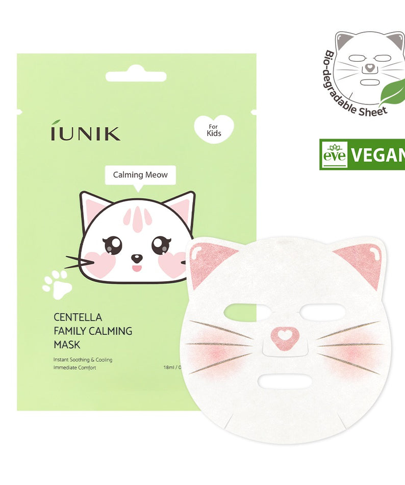 Masque pour enfants IUNIK Centella Family Calming Mask for Kids (10 sheets) avec design chaton mignon et ingrédients bio.