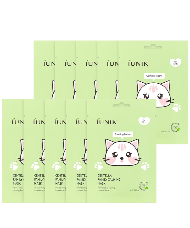 Masque IUNIK Centella Family Calming pour enfants (10 feuilles), idéal pour apaiser la peau sensible des enfants.