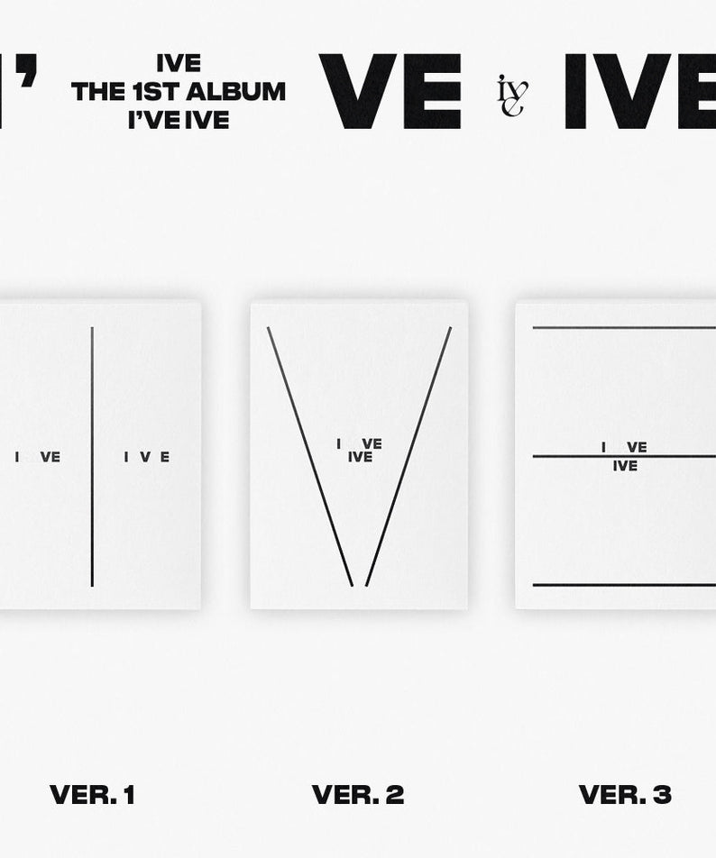 IVE The 1st Album I've Ive (Random Ver.) d’IVE : pochettes VER.1-3 sur fond clair, design minimal et visuel typographique.