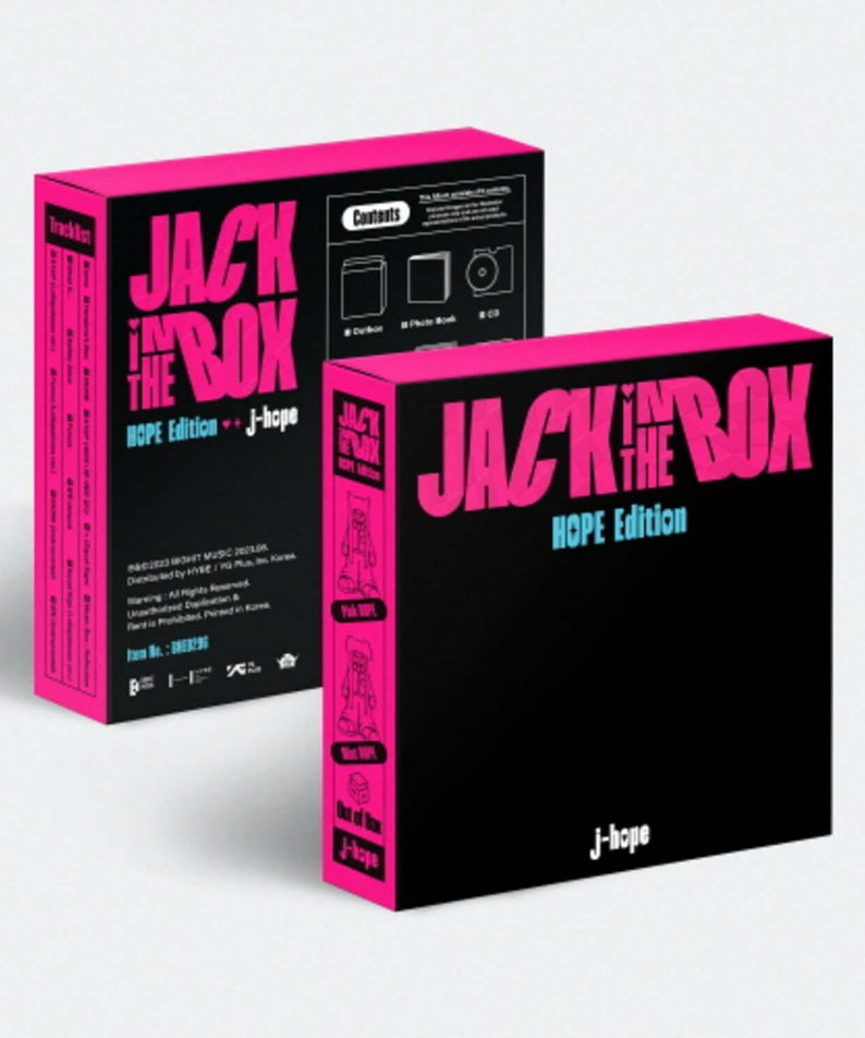 J-HOPE - [Jack In The Box] (HOPE Edition) - Album Kpop, boîte et CD rose/noir de la marque J-Hope sur fond clair.