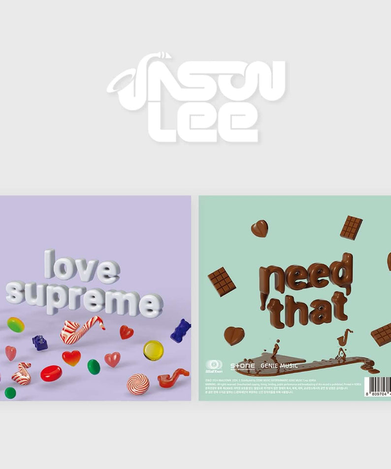 JASON LEE - [need that / love supreme] - Album Kpop : jaquettes “love supreme” et “need that” sur fond clair, marque JASON LEE