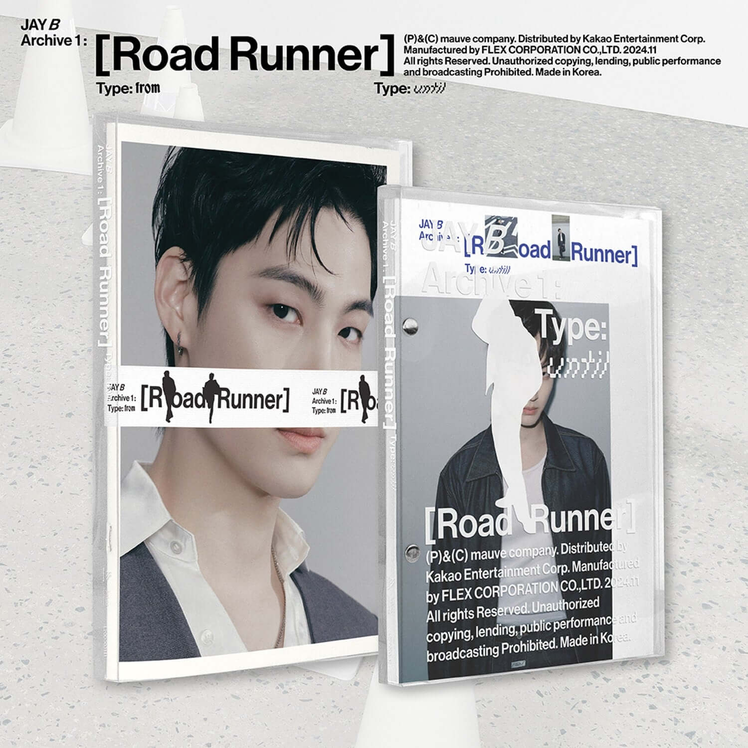 JAY B - 1st Album Archive 1: [Road Runner] (TYPE : from / TYPE : until) (Set) : coffret Kpop avec albums sur fond clair.