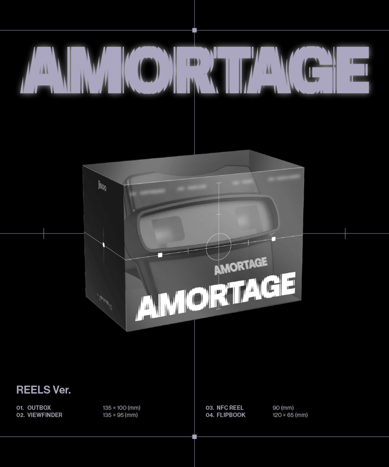 JISOO - Mini Album [AMORTAGE] (REELS Ver.) - Album Kpop, visuel de boîtier noir AMORTAGE avec texte en arrière-plan.