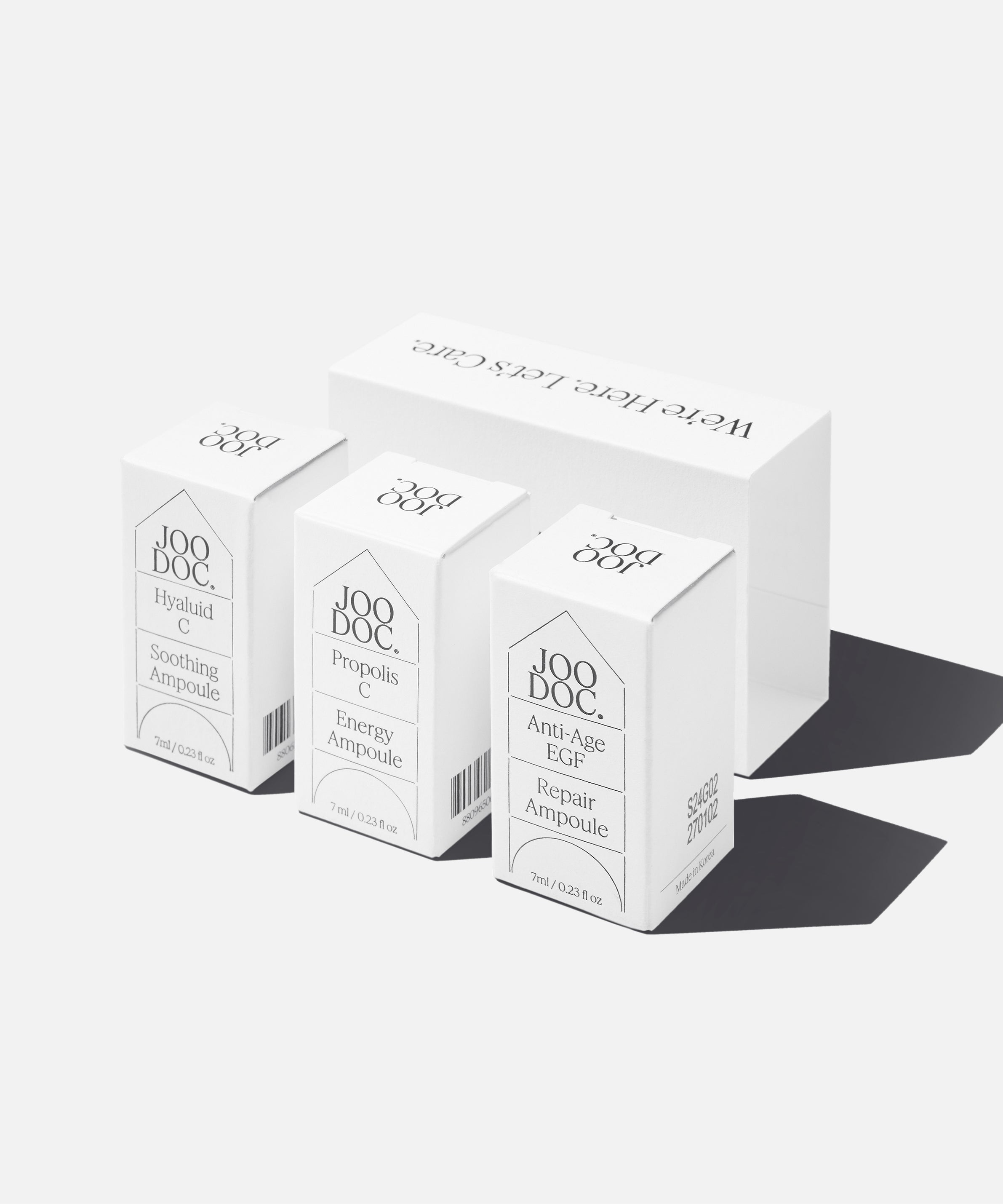 JOODOC  Barrier Glow 3-Piece Ampoule Routine Kit en packs sur fond clair, routine soins visage ampoules.