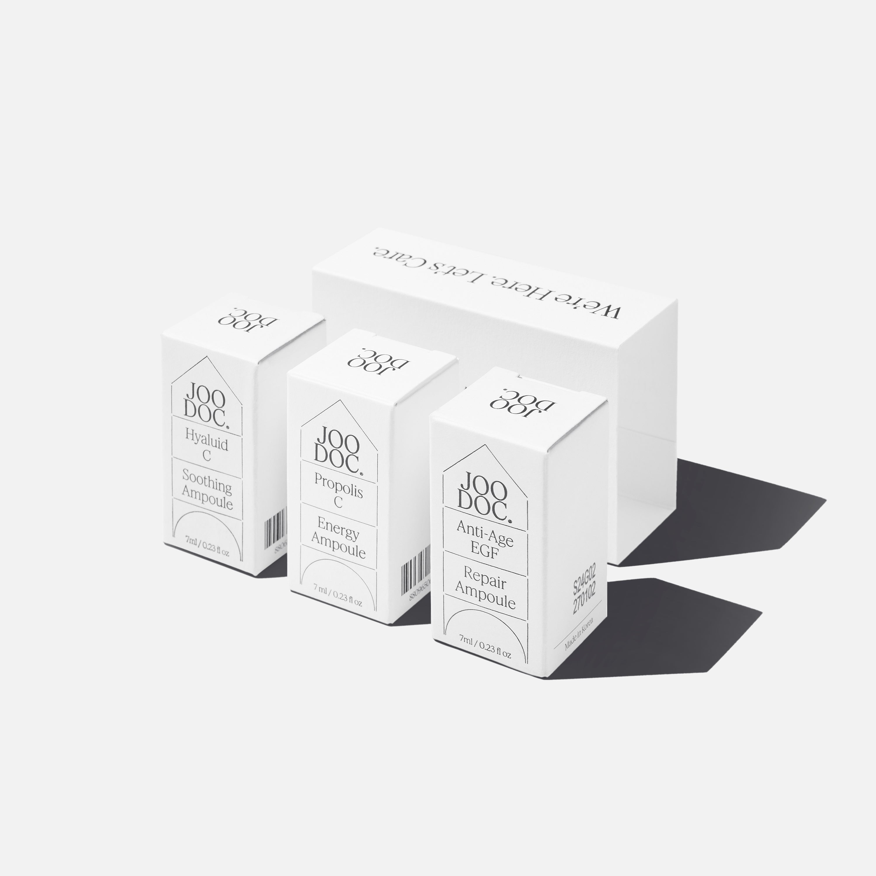 JOODOC  Barrier Glow 3-Piece Ampoule Routine Kit en packs sur fond clair, routine soins visage ampoules.