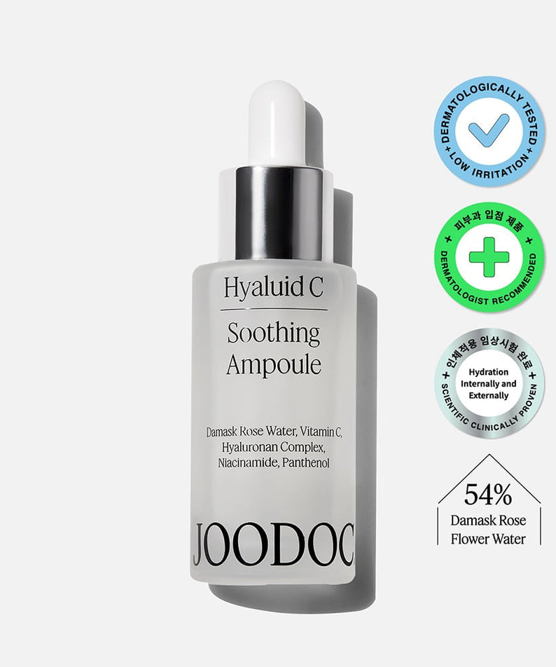 Décrivez l’image: JOODOC Hyaluid C Soothing Ampoule 30ml, sérum apaisant sur fond blanc, flacon verre argenté