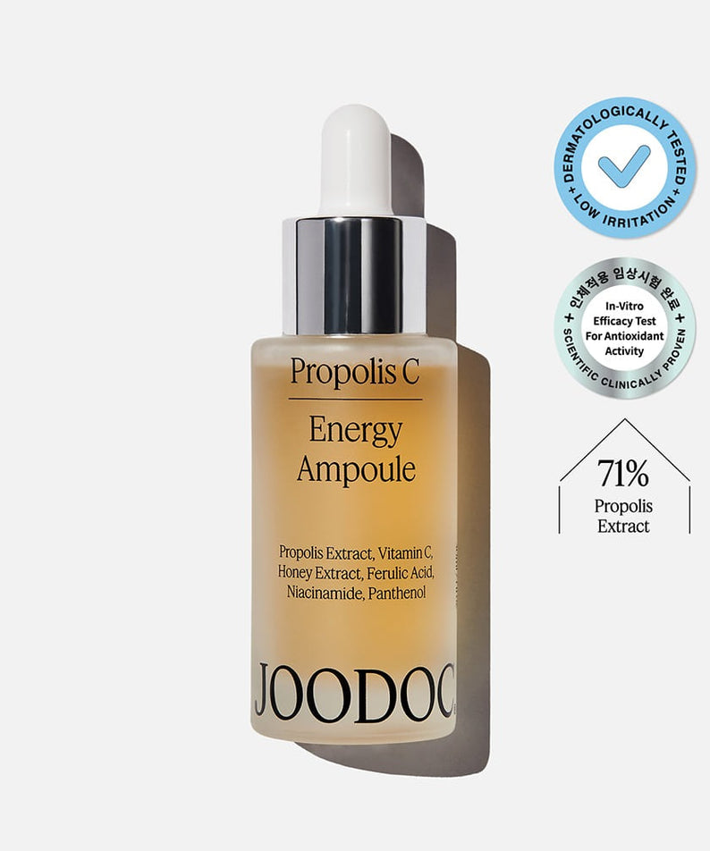 JOODOC  Propolis C Energy Ampoule 30ml, flacon sérum miel/propolis sur fond blanc, packaging cosmétique de marque JOODOC.