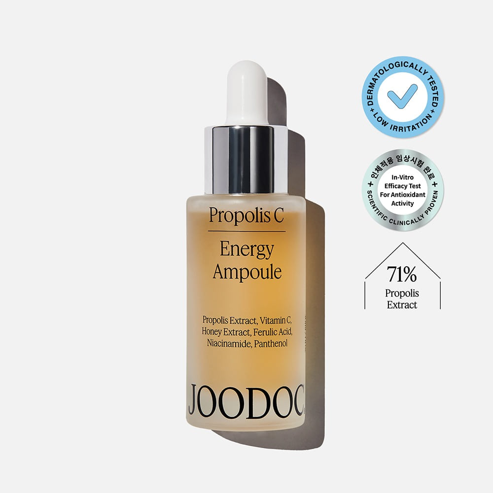 JOODOC  Propolis C Energy Ampoule 30ml, flacon sérum miel/propolis sur fond blanc, packaging cosmétique de marque JOODOC.