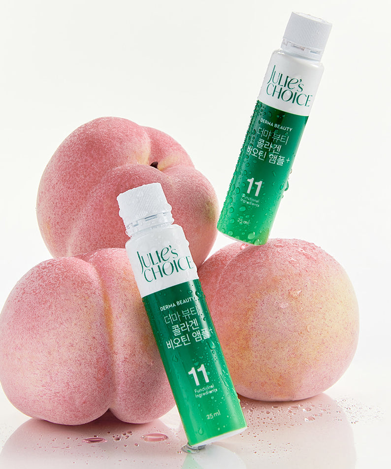 JULIE'S CHOICE Derma Beauty Collagen Biotin Ampoule 25ml de la marque, flacon vert sur fond blanc avec fruits roses