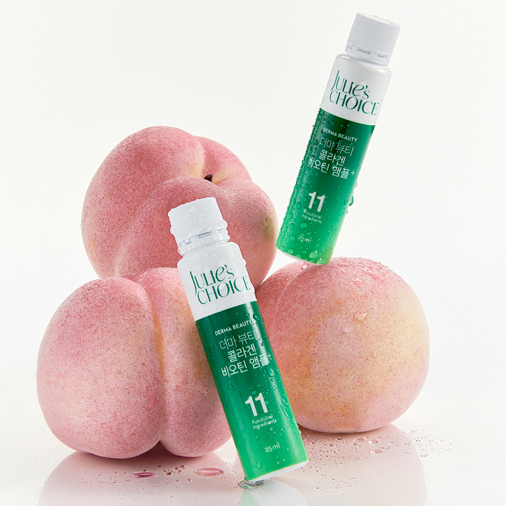 JULIE'S CHOICE Derma Beauty Collagen Biotin Ampoule 25ml de la marque, flacon vert sur fond blanc avec fruits roses