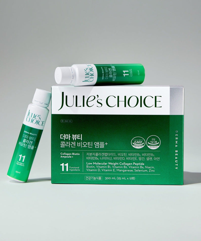 JULIE'S CHOICE Derma Beauty Collagen Biotin Ampoule 25ml, marque sur coffret blanc-vert, fond gris clair, flacons