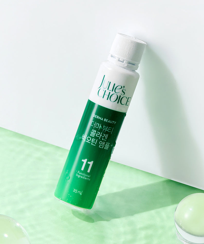 JULIE'S CHOICE Derma Beauty Collagen Biotin Ampoule 25ml, bouteille verte sur fond blanc-vert, studio beauté.
