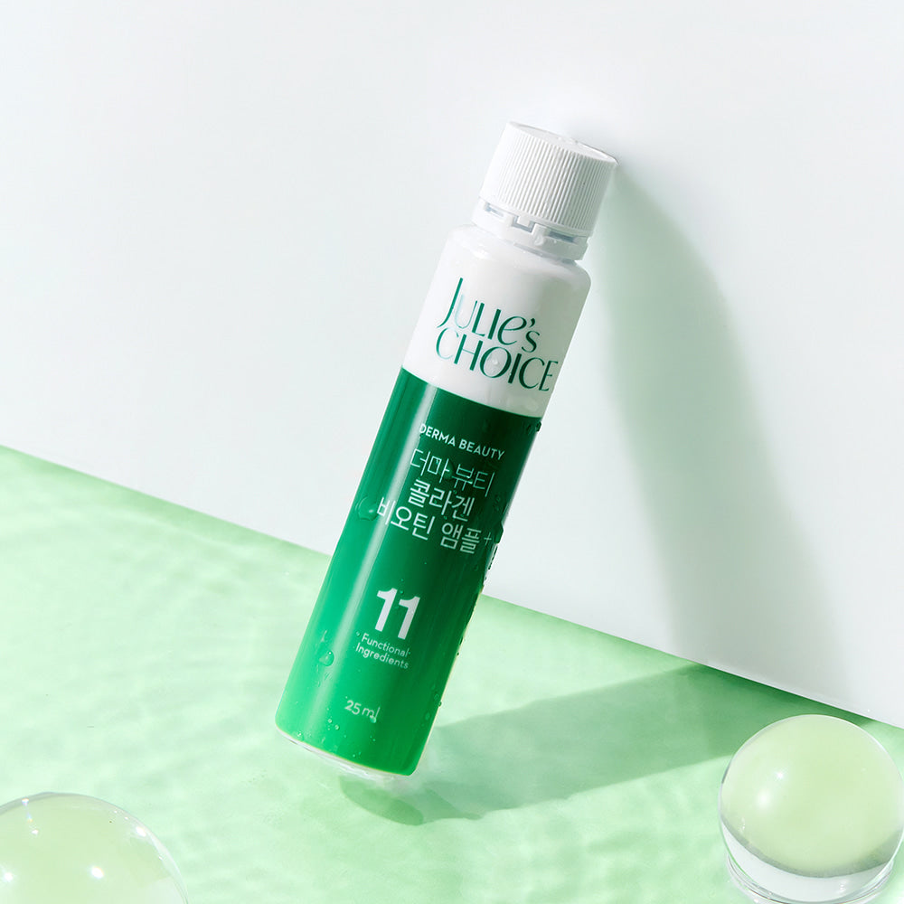 JULIE'S CHOICE Derma Beauty Collagen Biotin Ampoule 25ml, bouteille verte sur fond blanc-vert, studio beauté.