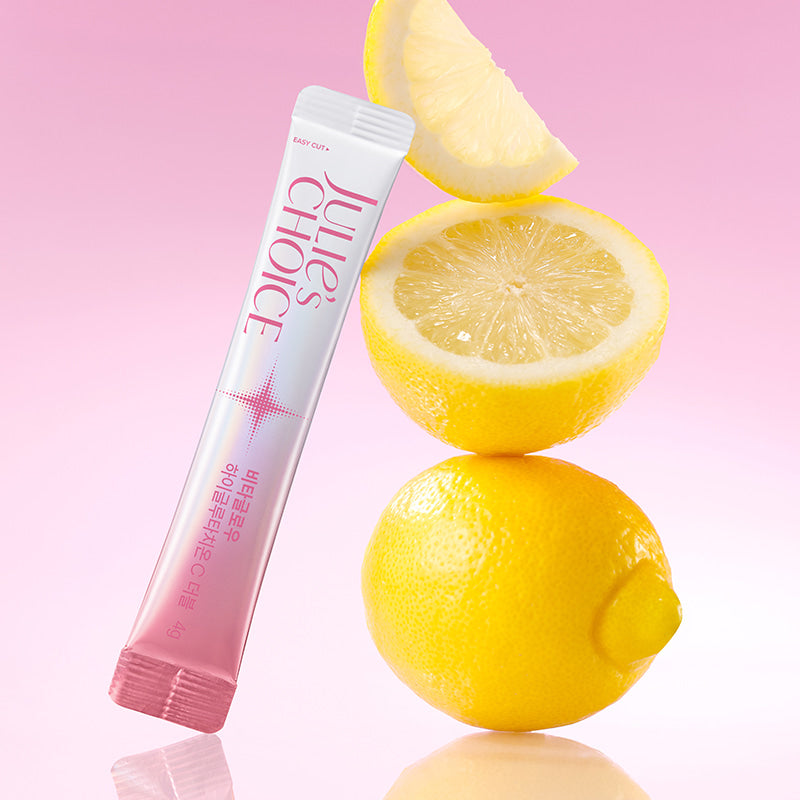JULIE'S CHOICE Vita Glow High Glutathione C Double 23 Pieces sur fond rose avec citrons et packaging visible.