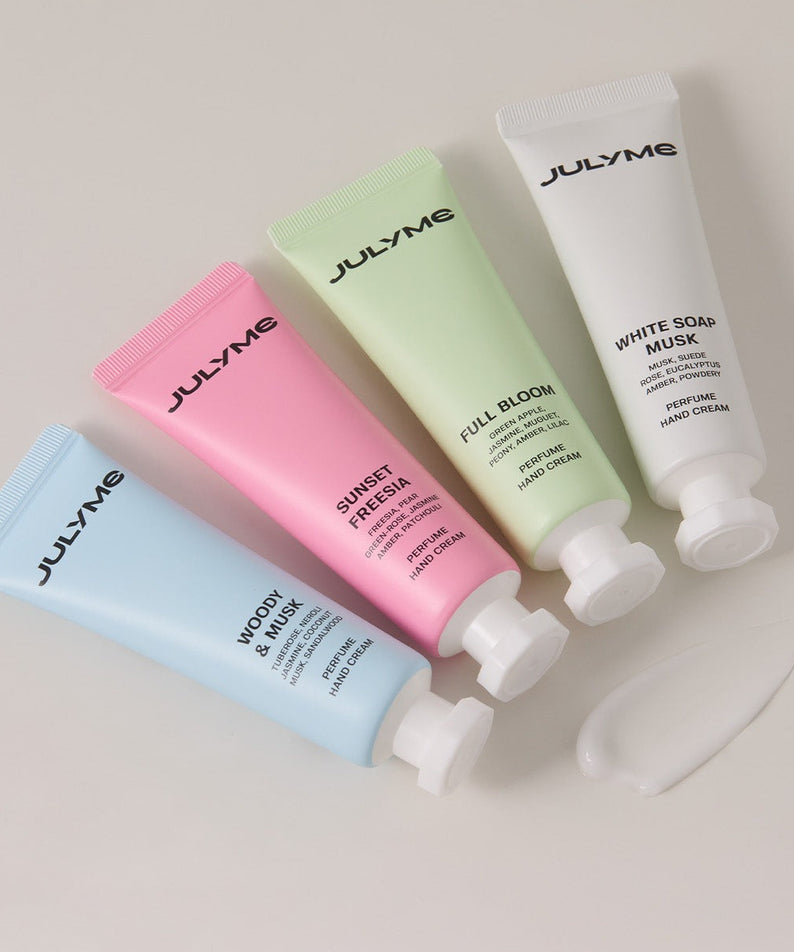 JULYME Perfume Shea Butter Hand Cream 30ml : tubes crème mains parfumée JULYME sur fond clair, assortiment de couleurs.