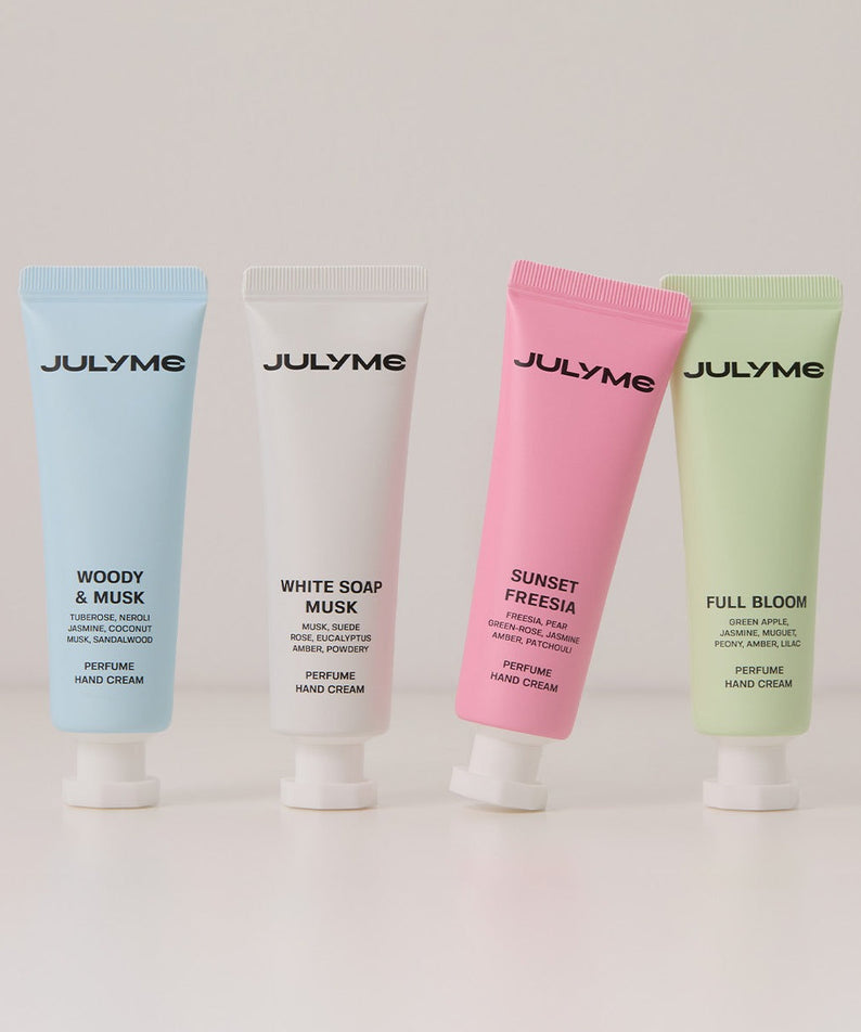 JULYME Perfume Shea Butter Hand Cream 30ml, tube crème parfumée sur fond clair, marque JULYME, vue produit