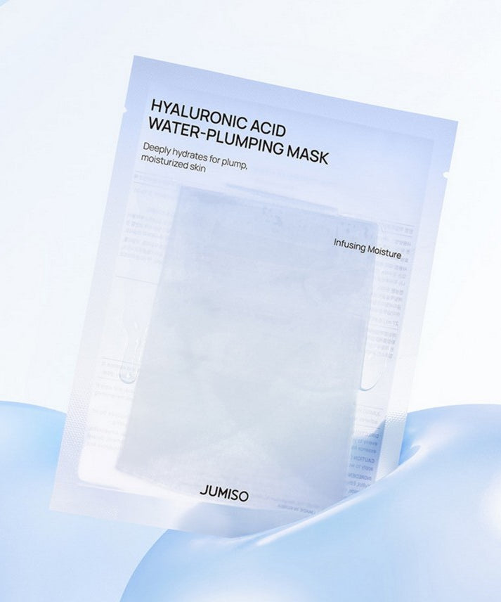 Masque hydratant JUMISO Hyaluronic Acid Water Plumping Moisture Mask 27ml en sachet, sur fond bleu, pour soin visage.