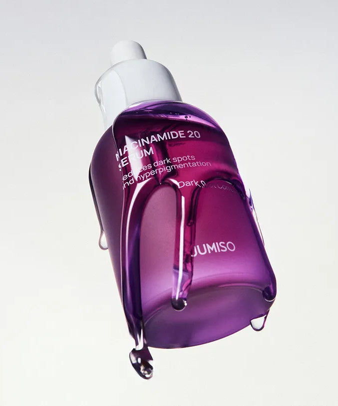 JUMISO Niacinamide 20 Serum 40ml, flacon violet sur fond clair, gouttes de sérum, présentation produit JUMISO