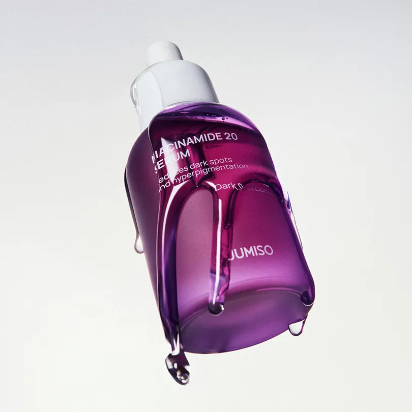 JUMISO Niacinamide 20 Serum 40ml, flacon violet sur fond clair, gouttes de sérum, présentation produit JUMISO