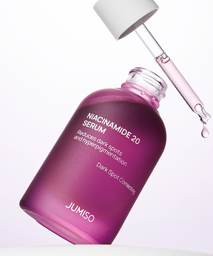 JUMISO Niacinamide 20 Serum 40ml, flacon violet et pipette sur fond blanc, présentation produit beauté