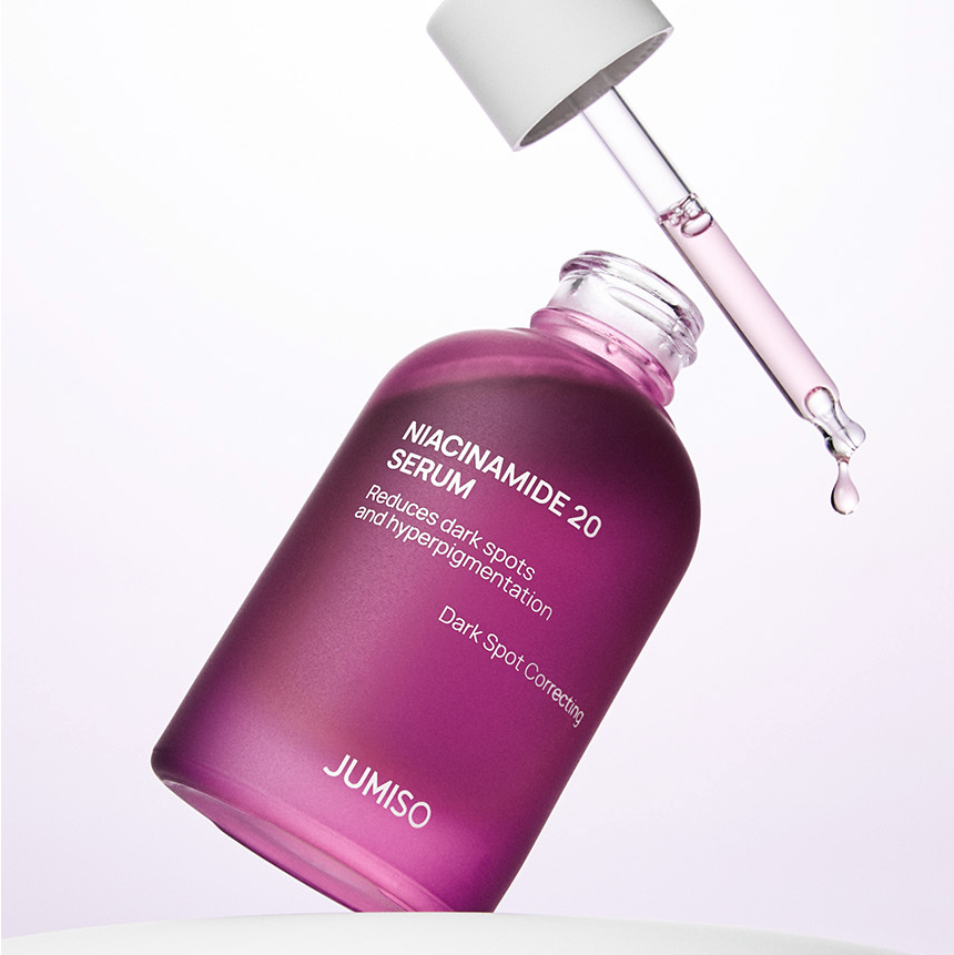 JUMISO Niacinamide 20 Serum 40ml, flacon violet et pipette sur fond blanc, présentation produit beauté