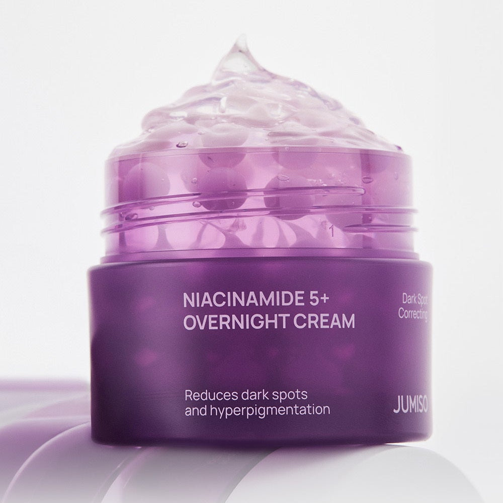 JUMISO  Niacinamide 5 Plus Overnight Cream 80ml, pot violet sur fond clair, vue produit en contexte beauté