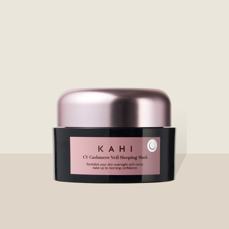 KAHI CV Chashmere Veil Sleeping Mask 50ml de KAHI, pot crème sur fond clair, photo produit en studio.